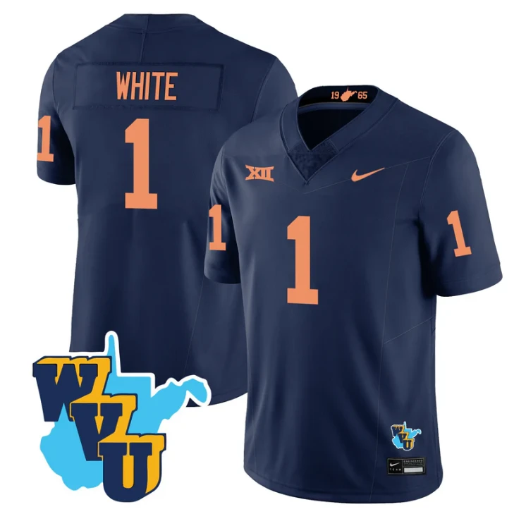 Jahiem White Jersey #1 West Virginia Mountaineers 1965-2025 Throwback Stitched Navy by NCAA Football Jersey