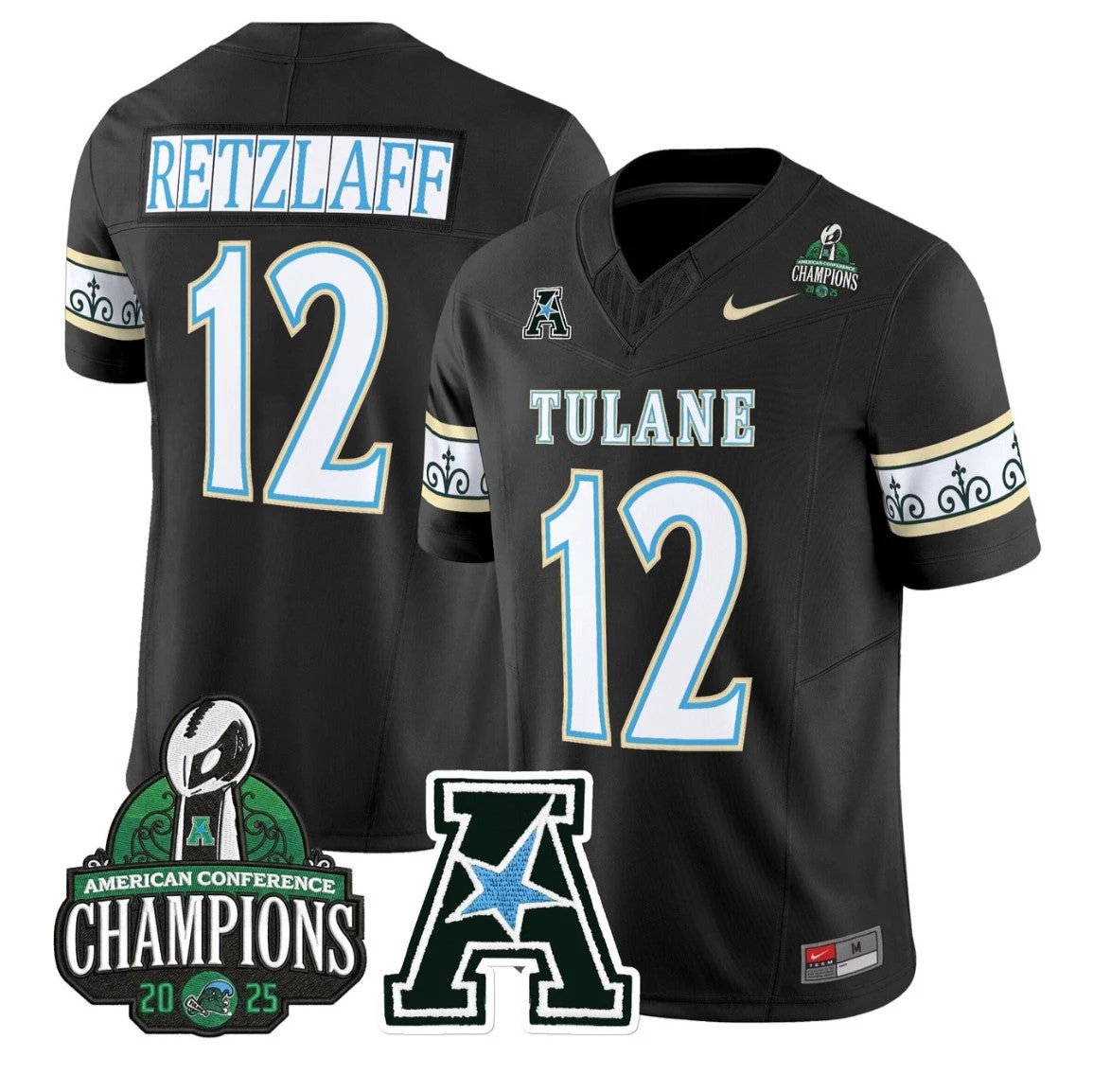 Jake Retzlaff Jersey #12 Tulane Green Wave City Edition 2025 AAC Champions Black by NCAA Football Jersey