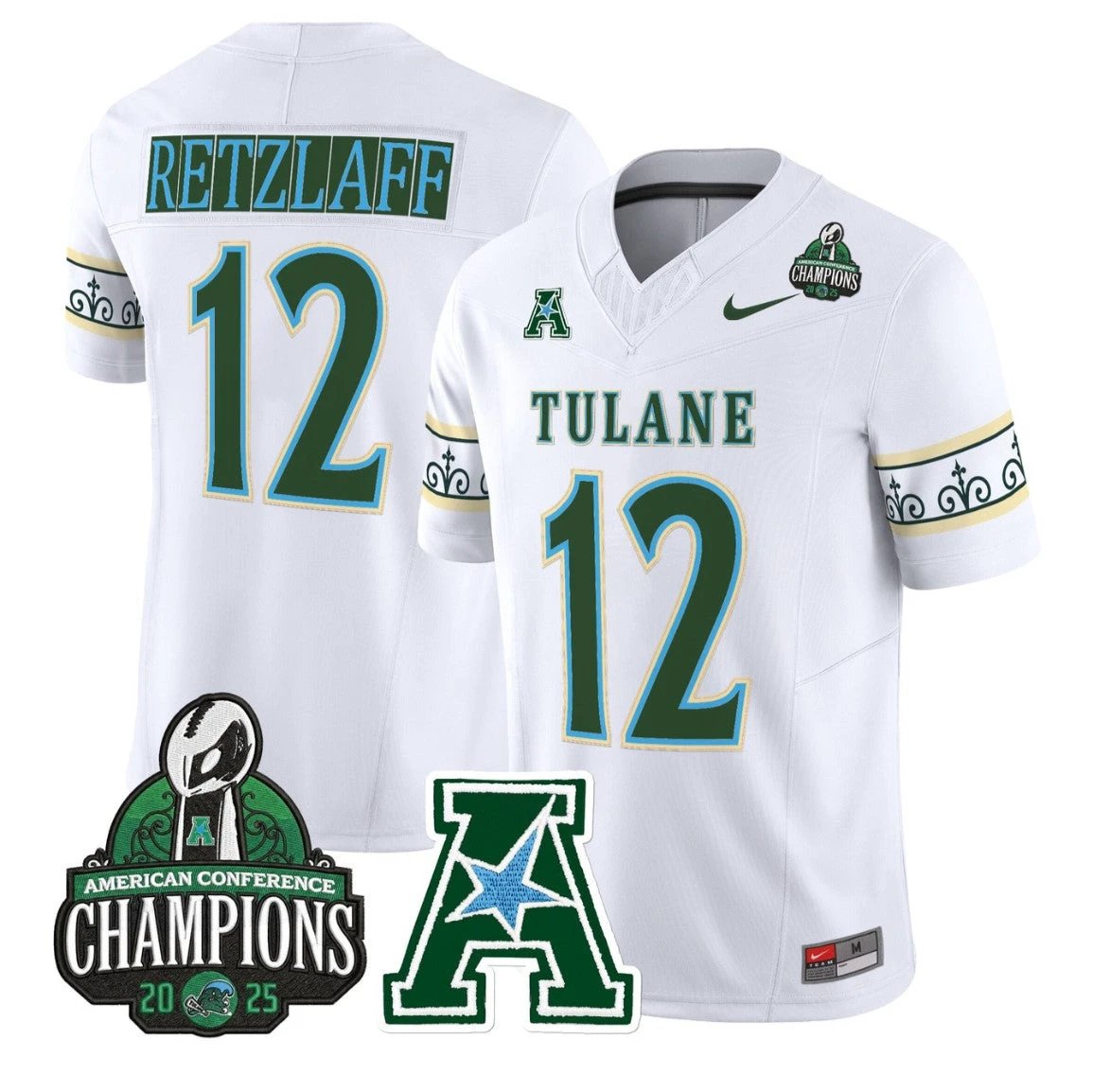 Jake Retzlaff Jersey #12 Tulane Green Wave City Edition 2025 AAC Champions White by NCAA Football Jersey
