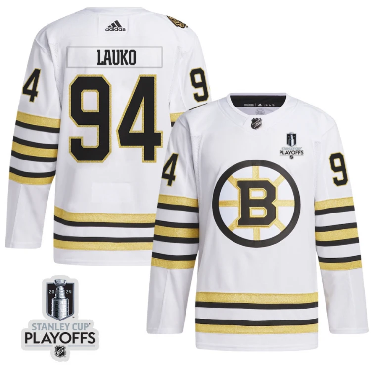 Jakub Lauko 94 Boston Bruins 2024 NHL Playoffs Patch Away Jersey - Men, White by Hockey David