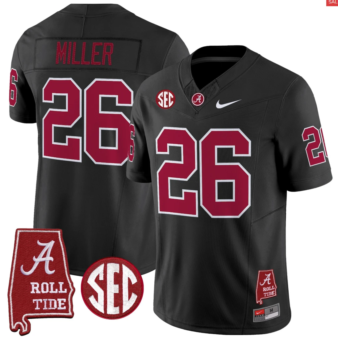 Jam Miller Jersey #26 Alabama Crimson Throwback Alabama Map Stitched Black by My Store