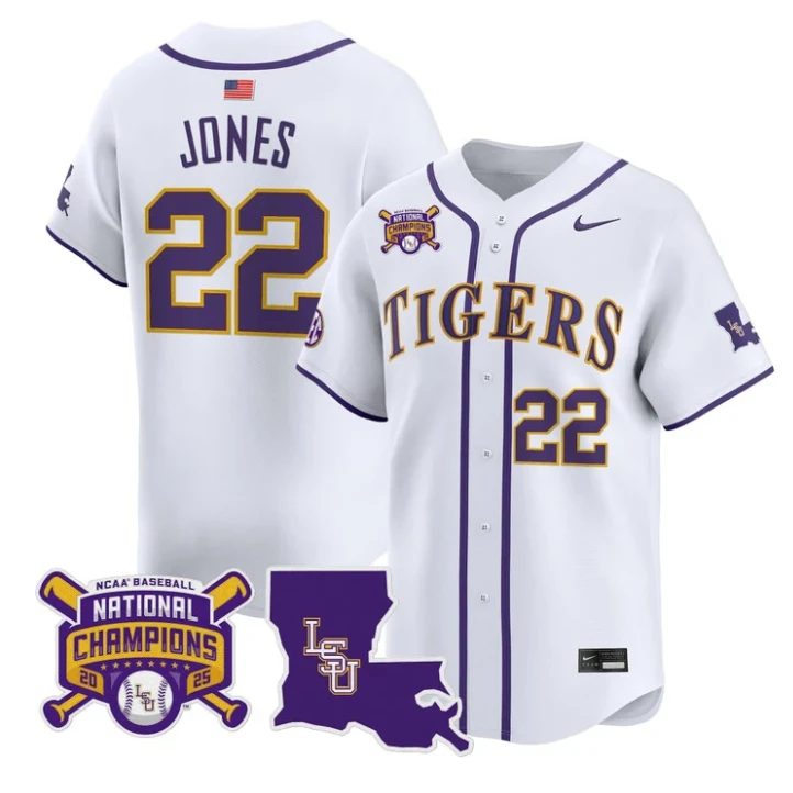 Jared Jones Jersey #22 LSU Tigers 2025 World Series Champions Stitched White by My Store