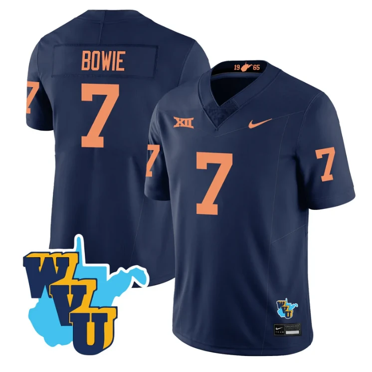 Jarod Bowie Jersey #7 West Virginia Mountaineers 1965-2025 Throwback Navy by NCAA Football Jersey