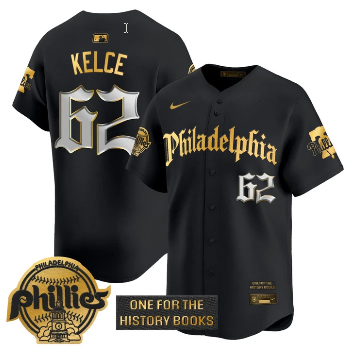 Jason Kelce Jersey #62 Phillies Retro Newspaper Edition Gold Vapor Premier Stitched Black Gold by My Store