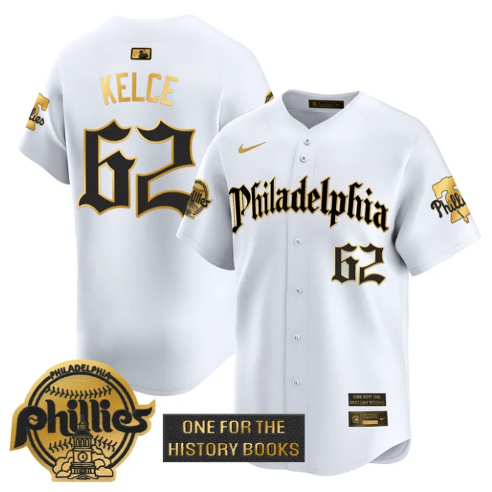 Jason Kelce Jersey #62 Phillies Retro Newspaper Edition Gold Vapor Premier Stitched White Gold by My Store