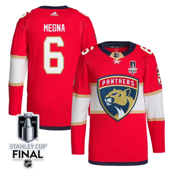 Jaycob Megna 6 Florida Panthers 2025 STANLEY CUP Final Patch Home Men Jersey Red by Hockey David