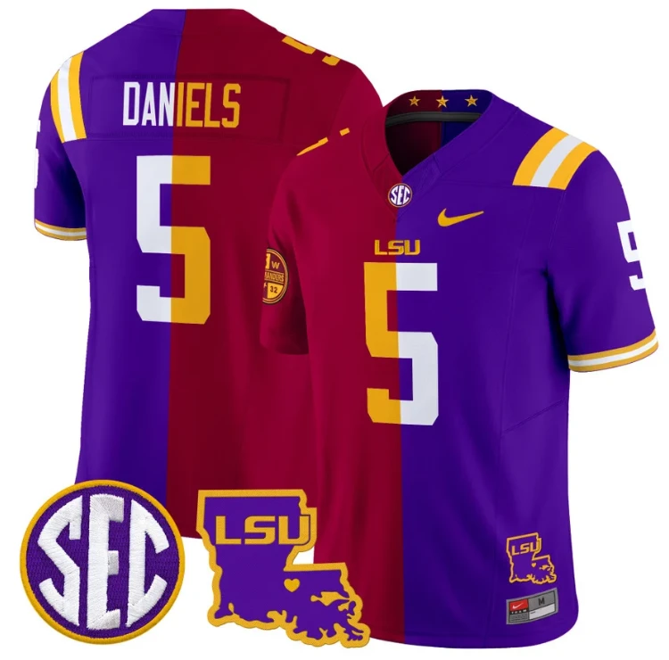 Jayden Daniels Jersey #5 LSU Tiger Split Vapor Limited Football Stitched by NCAA Football Jersey