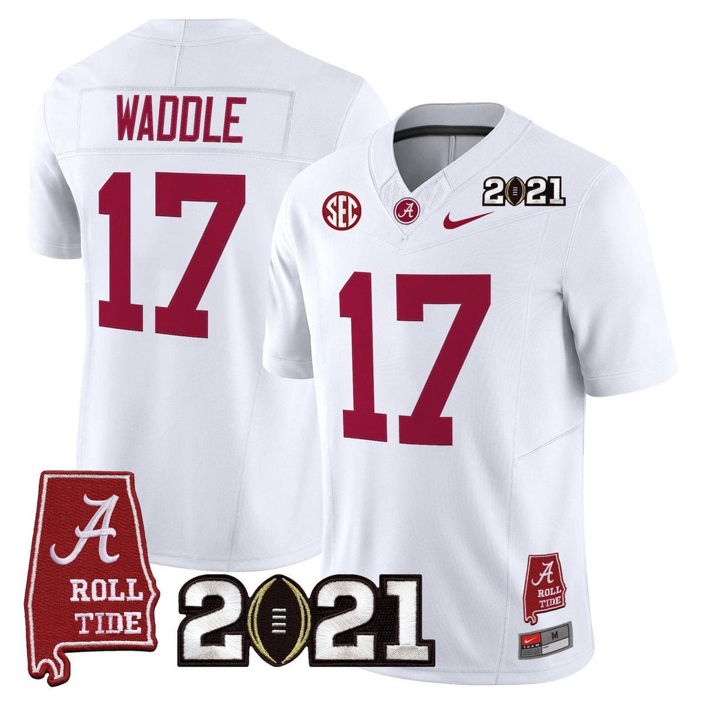 Jaylen Waddle Jersey #7 Alabama 2021 CFP Championship Alabama Map White by My Store NCAA Football Jerseys