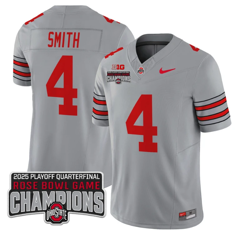 Jeremiah Smith Jersey #4 Ohio State 2025 Rose Bowl Champions Patch Gray by NCAA Football Jersey
