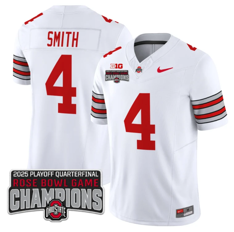 Jeremiah Smith Jersey #4 Ohio State 2025 Rose Bowl Champions Patch White by NCAA Football Jersey