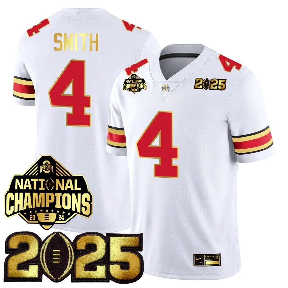 Jeremiah Smith Jersey #4 Ohio State National Championships 2024 Patch White Away by NCAA Football Jersey