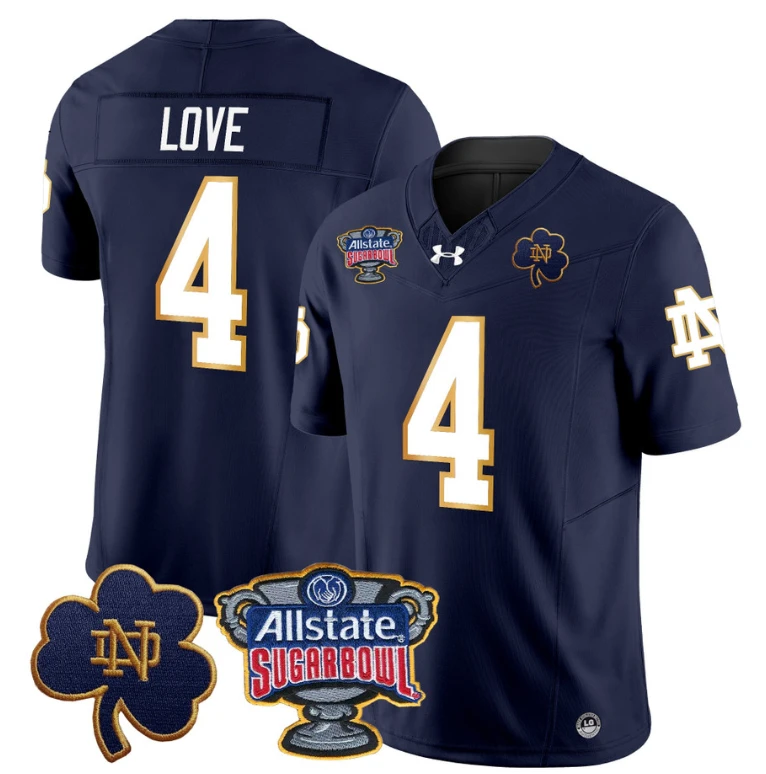 Jeremiyah Love Jersey #4 Notre Dame 2024 Sugar Bowl Patch Football Navy by NCAA Football Jersey