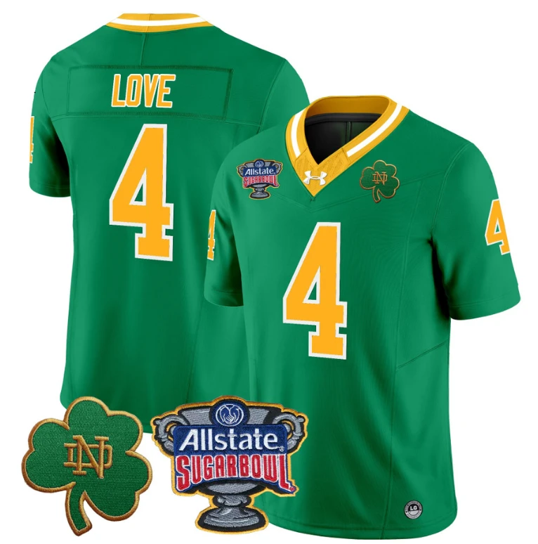 Jeremiyah Love Jersey #4 Notre Dame 2024 Sugar Bowl Patch Football Throwback by NCAA Football Jersey