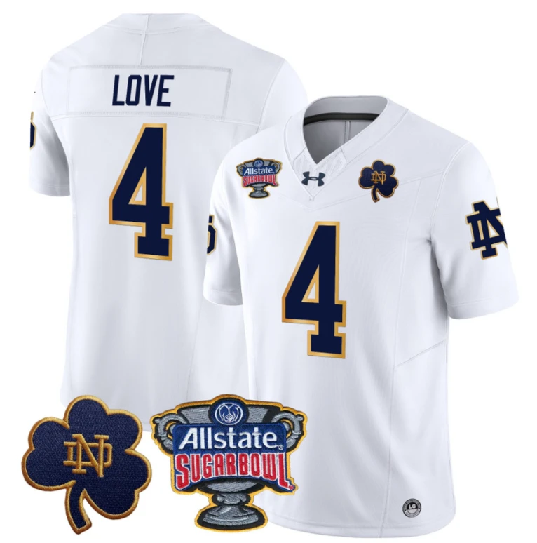 Jeremiyah Love Jersey #4 Notre Dame 2024 Sugar Bowl Patch Football White by NCAA Football Jersey