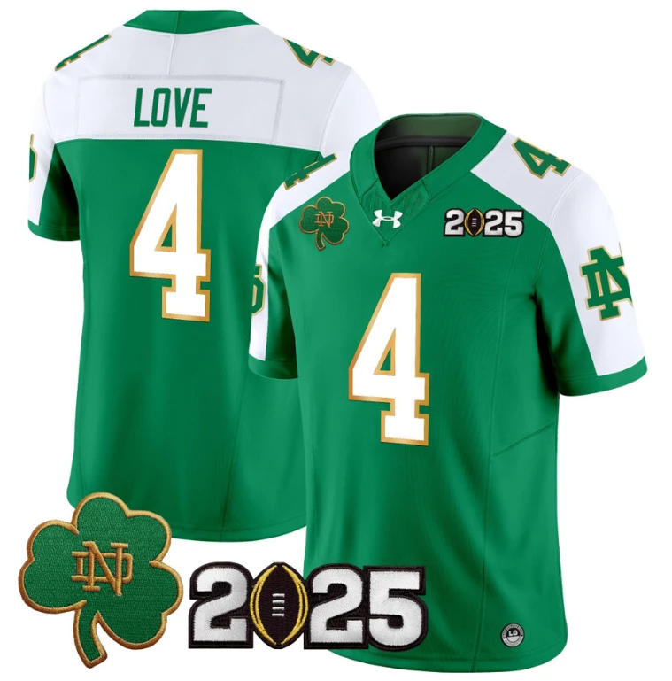 Jeremiyah Love Jersey #4 Notre Dame 2025 CFP Final Patch Green Alternate by NCAA Football Jersey