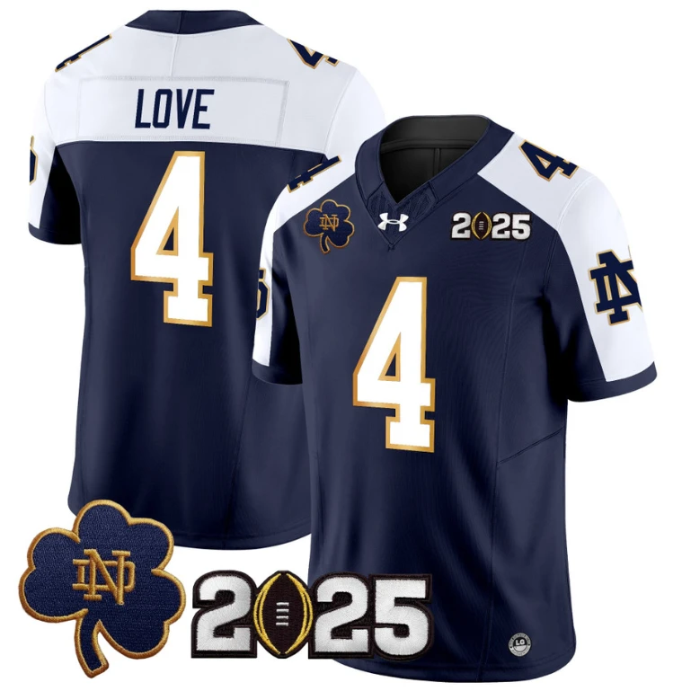 Jeremiyah Love Jersey #4 Notre Dame 2025 CFP Final Patch Navy Alternate by NCAA Football Jersey