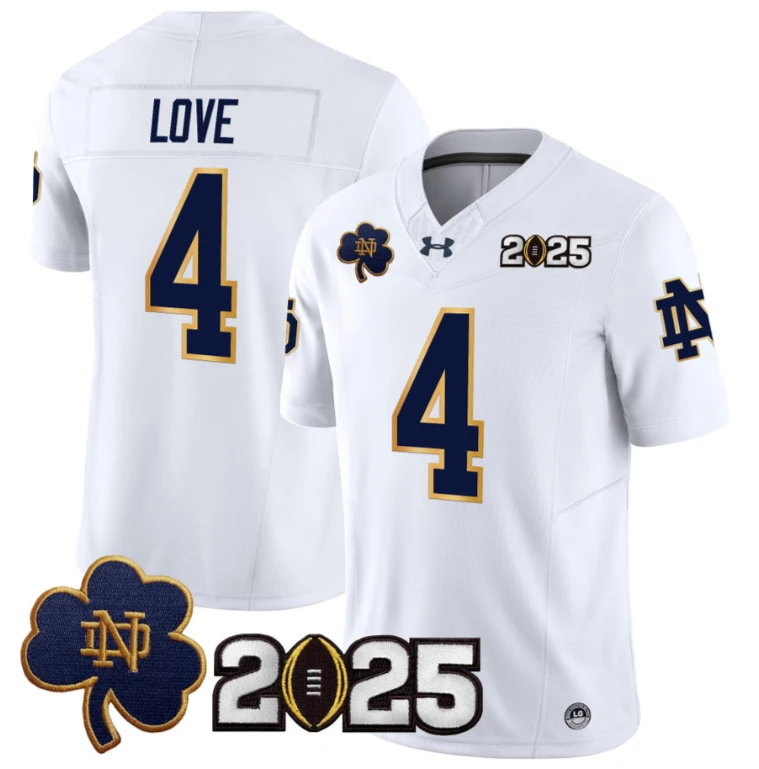 Jeremiyah Love Jersey #4 Notre Dame 2025 CFP Final Patch White by NCAA Football Jersey