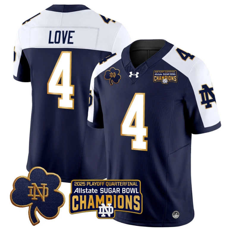 Jeremiyah Love Jersey #4 Notre Dame 2025 Sugar Bowl Champions Navy Alternate by NCAA Football Jersey