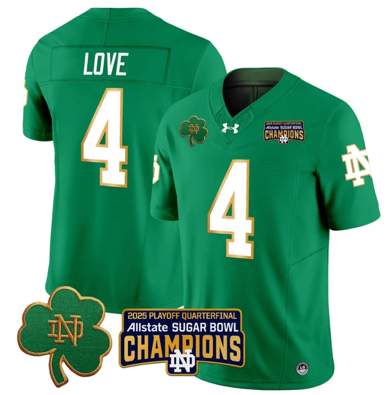 Jeremiyah Love Jersey #4 Notre Dame 2025 Sugar Bowl Champions Patch Green by NCAA Football Jersey