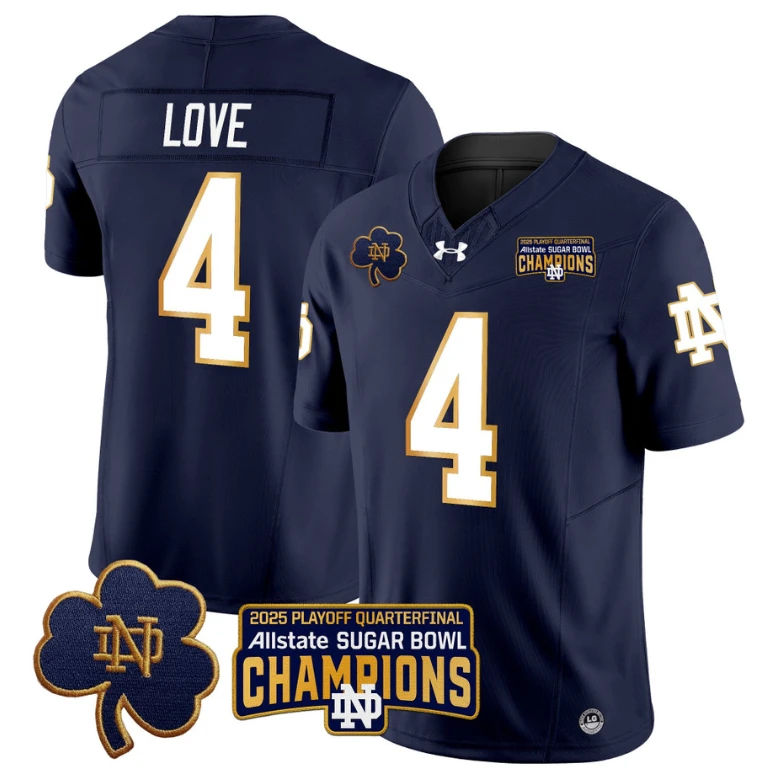 Jeremiyah Love Jersey #4 Notre Dame 2025 Sugar Bowl Champions Patch Navy by NCAA Football Jersey