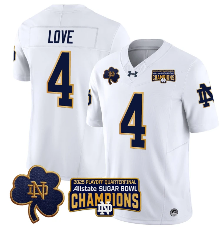 Jeremiyah Love Jersey #4 Notre Dame 2025 Sugar Bowl Champions Patch White by NCAA Football Jersey