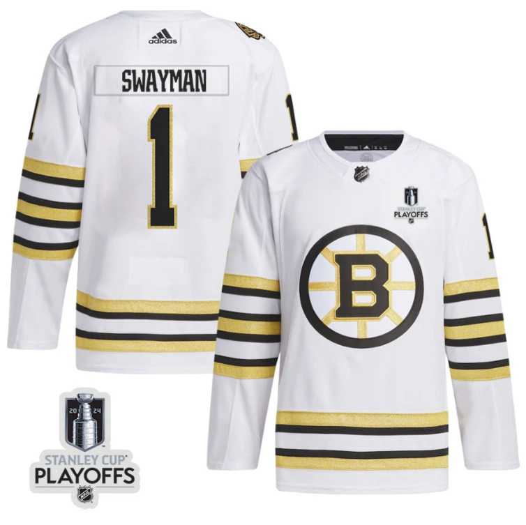 Jeremy Swayman 1 Boston Bruins 2024 NHL Playoffs Patch Away Jersey - Men, White by Hockey David