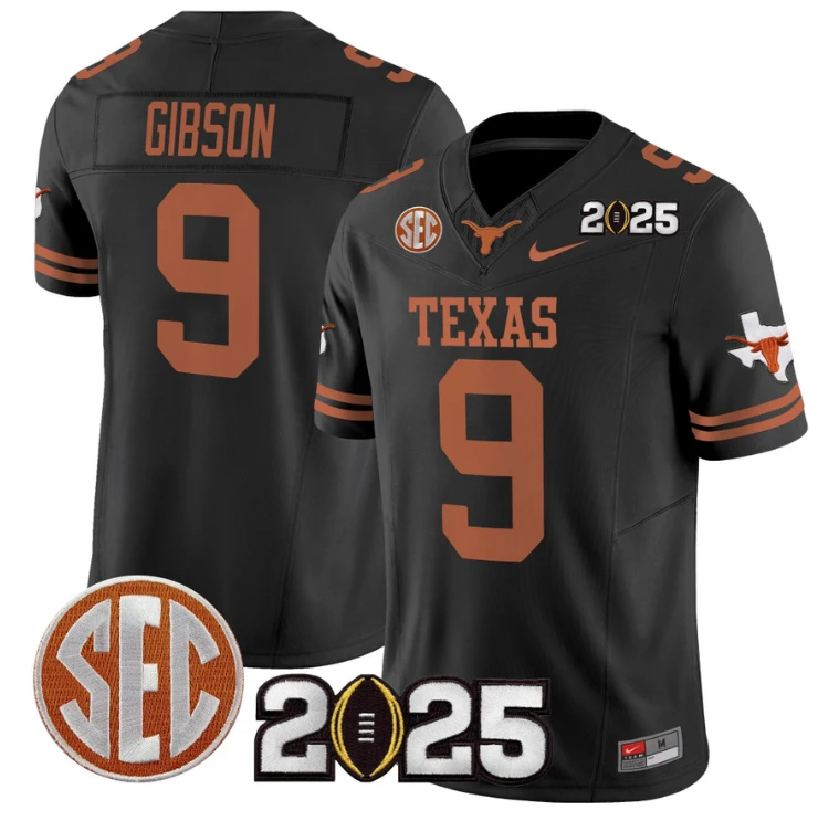 Jerrick Gibson Jersey #9 Texas Longhorns 2025 CFP Final Patch Black by NCAA Football Jersey