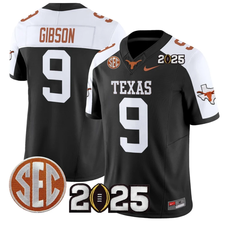 Jerrick Gibson Jersey #9 Texas Longhorns 2025 CFP Final Patch Black Alternate by NCAA Football Jersey