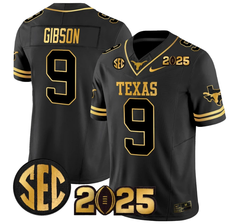 Jerrick Gibson Jersey #9 Texas Longhorns 2025 CFP Final Patch Black Gold by NCAA Football Jersey