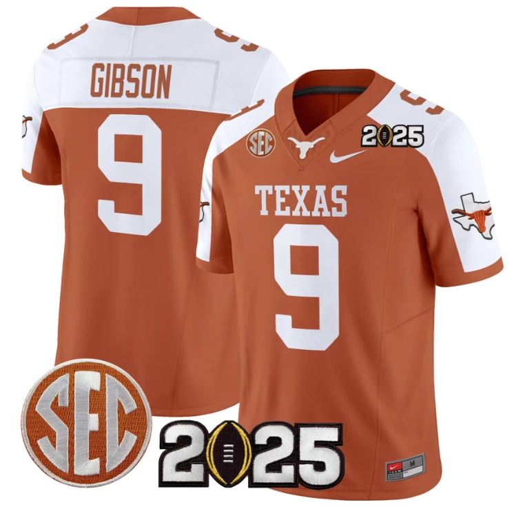 Jerrick Gibson Jersey #9 Texas Longhorns 2025 CFP Final Patch Orange Alternate by NCAA Football Jersey