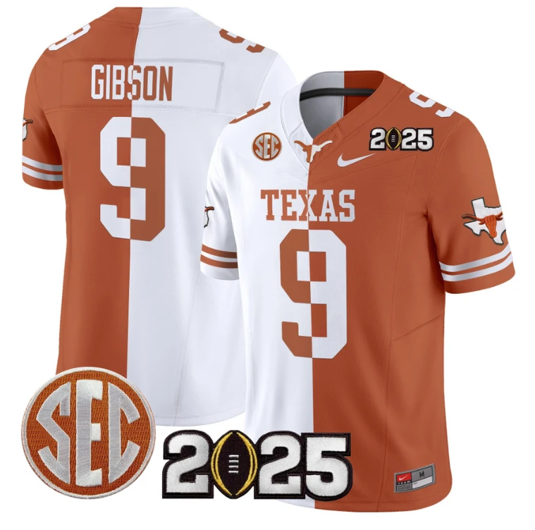 Jerrick Gibson Jersey #9 Texas Longhorns 2025 CFP Final Patch Split by NCAA Football Jersey