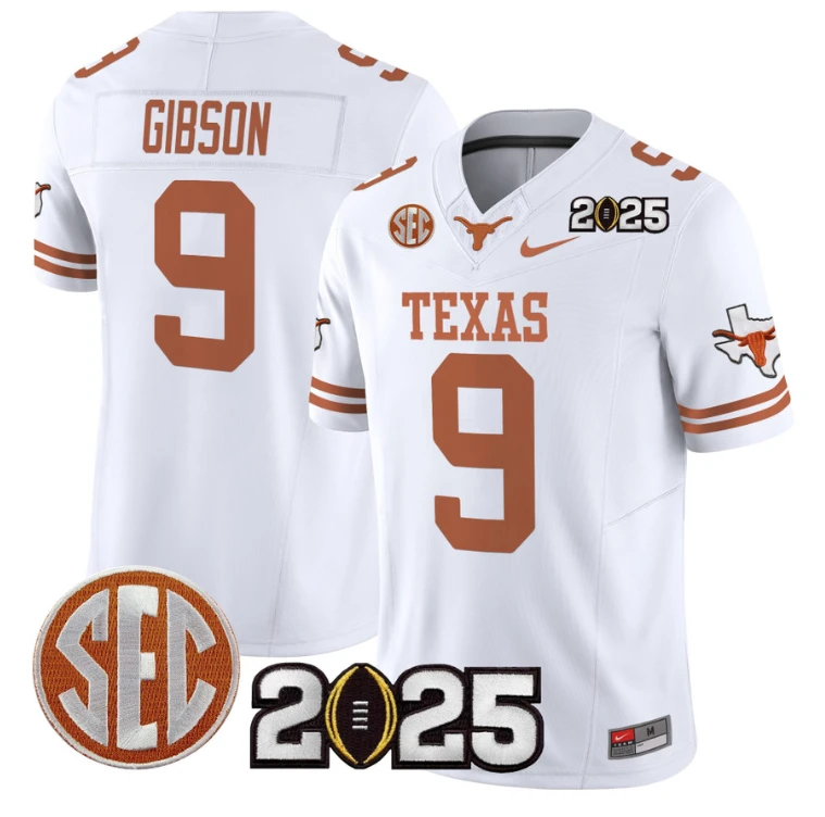 Jerrick Gibson Jersey #9 Texas Longhorns 2025 CFP Final Patch White by NCAA Football Jersey