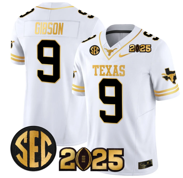 Jerrick Gibson Jersey #9 Texas Longhorns 2025 CFP Final Patch White Gold by NCAA Football Jersey