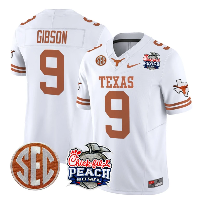 Jerrick Gibson Jersey #9 Texas Longhorns Peach Bowl Patch Vapor White by NCAA Football Jersey