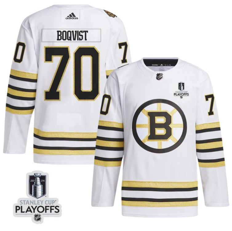 Jesper Boqvist 70 Boston Bruins 2024 NHL Playoffs Patch Away Jersey - Men, White by Hockey David