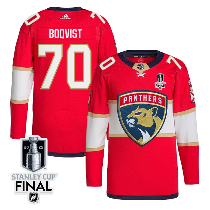 Jesper Boqvist 70 Florida Panthers 2025 STANLEY CUP Final Patch Home Men Jersey Red by Hockey David
