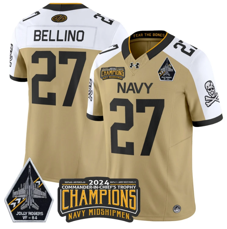 Joe Bellino Jersey #27 Navy Midshipmen 2024 Jolly Rogers Champions Gold White by NCAA Football Jersey