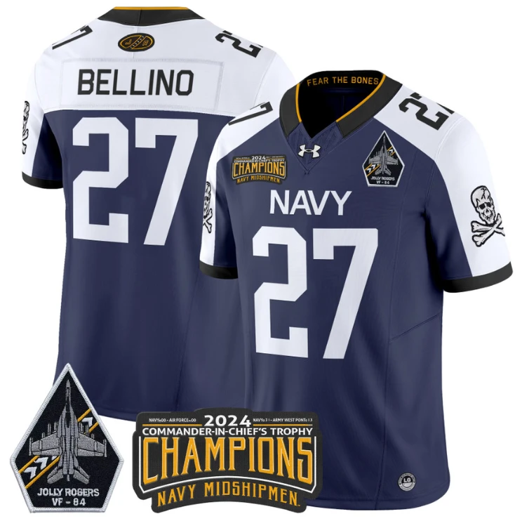 Joe Bellino Jersey #27 Navy Midshipmen 2024 Jolly Rogers Champions Navy White by NCAA Football Jersey