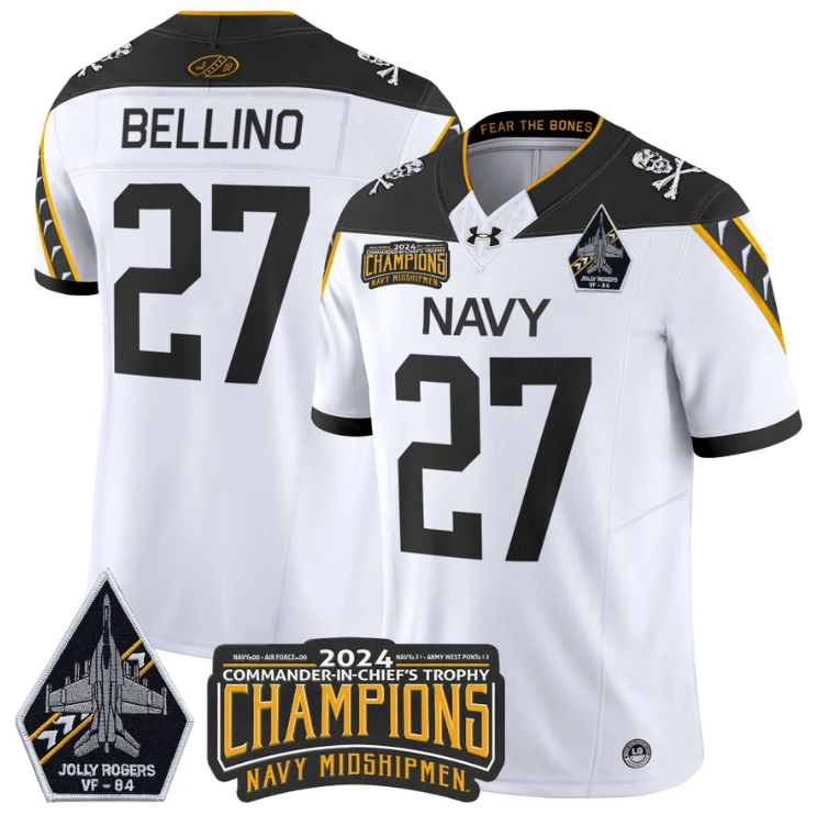Joe Bellino Jersey #27 Navy Midshipmen 2024 Jolly Rogers Champions White by NCAA Football Jersey