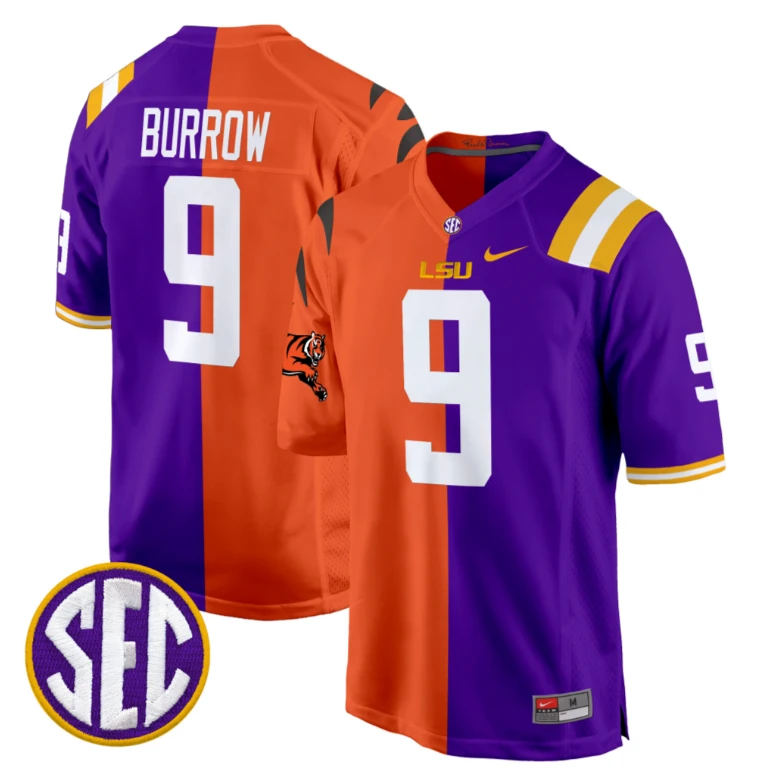 Joe Burrow Jersey #9 LSU Tiger Split Game College Football All Stitched by NCAA Football Jersey