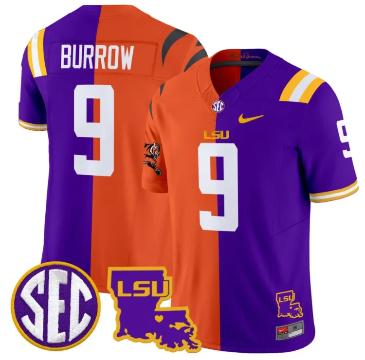 Joe Burrow Jersey #9 LSU Tiger Split Vapor Limited Football Stitched by NCAA Football Jersey