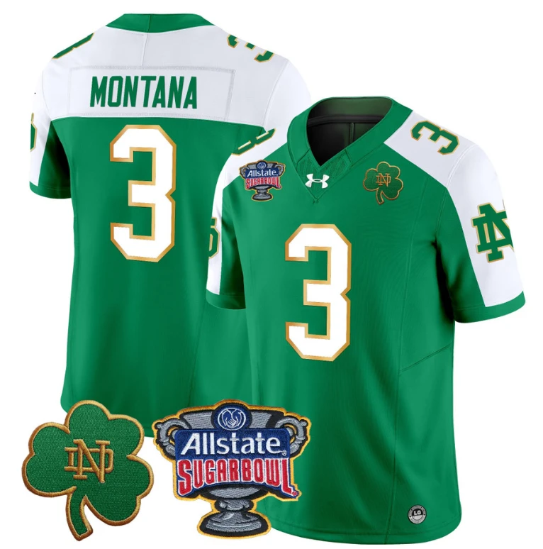 Joe Montana Jersey #3 Notre Dame 2024 Sugar Bowl Patch Football Green Alternate by NCAA Football Jersey