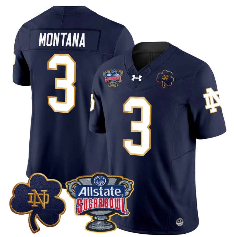 Joe Montana Jersey #3 Notre Dame 2024 Sugar Bowl Patch Football Navy by NCAA Football Jersey
