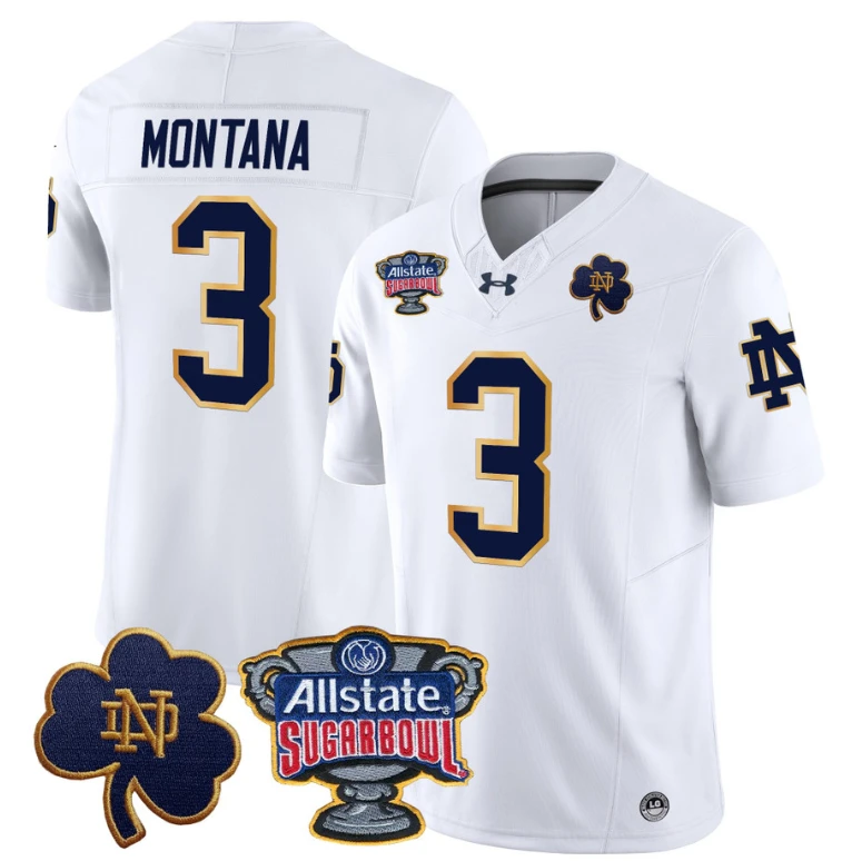 Joe Montana Jersey #3 Notre Dame 2024 Sugar Bowl Patch Football White by NCAA Football Jersey