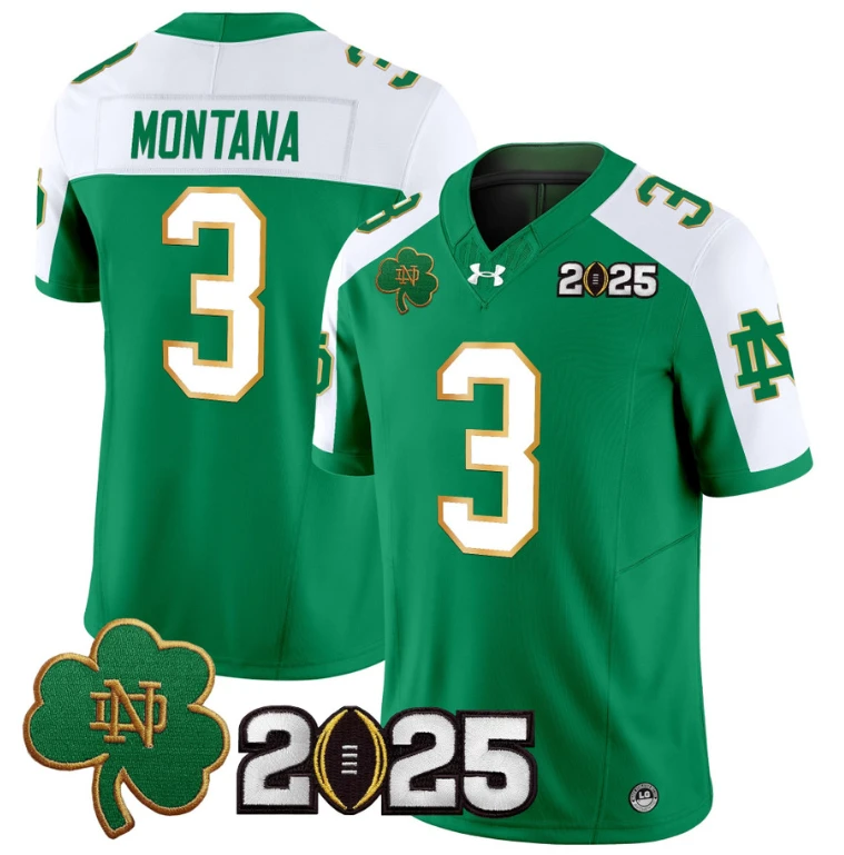 Joe Montana Jersey #3 Notre Dame 2025 CFP Final Patch Green Alternate by NCAA Football Jersey