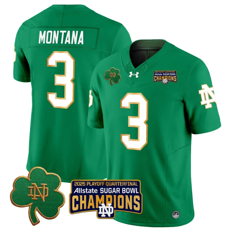 Joe Montana Jersey #3 Notre Dame 2025 Sugar Bowl Champions Patch Green by NCAA Football Jersey