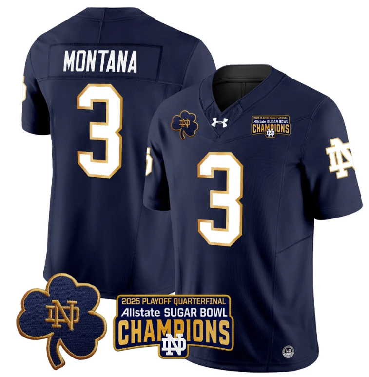 Joe Montana Jersey #3 Notre Dame 2025 Sugar Bowl Champions Patch Navy by NCAA Football Jersey