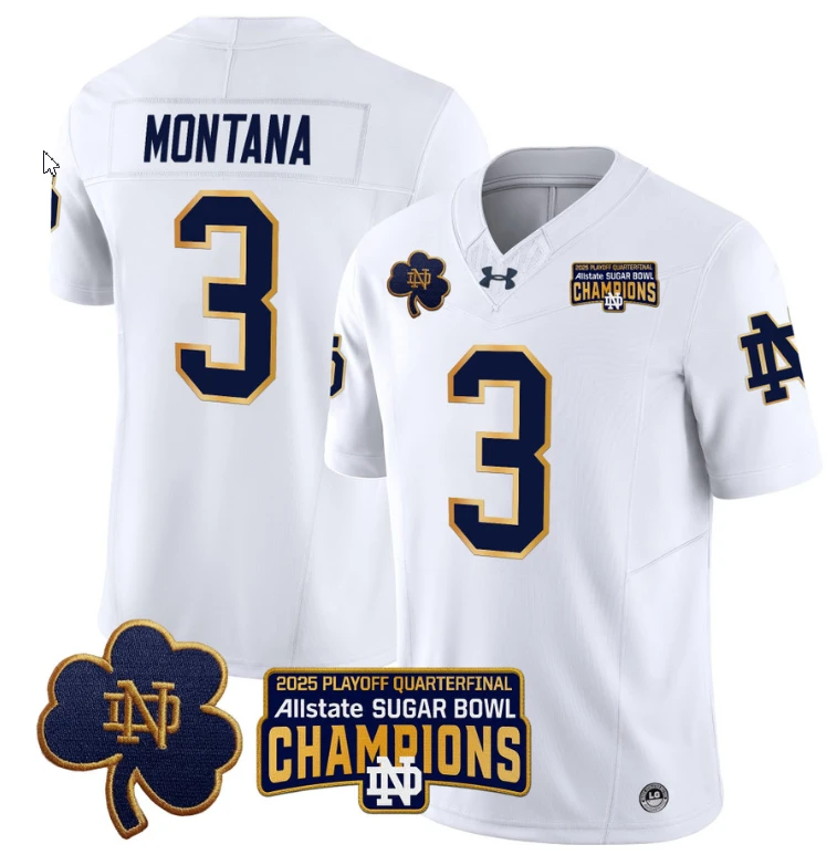 Joe Montana Jersey #3 Notre Dame 2025 Sugar Bowl Champions Patch White by NCAA Football Jersey