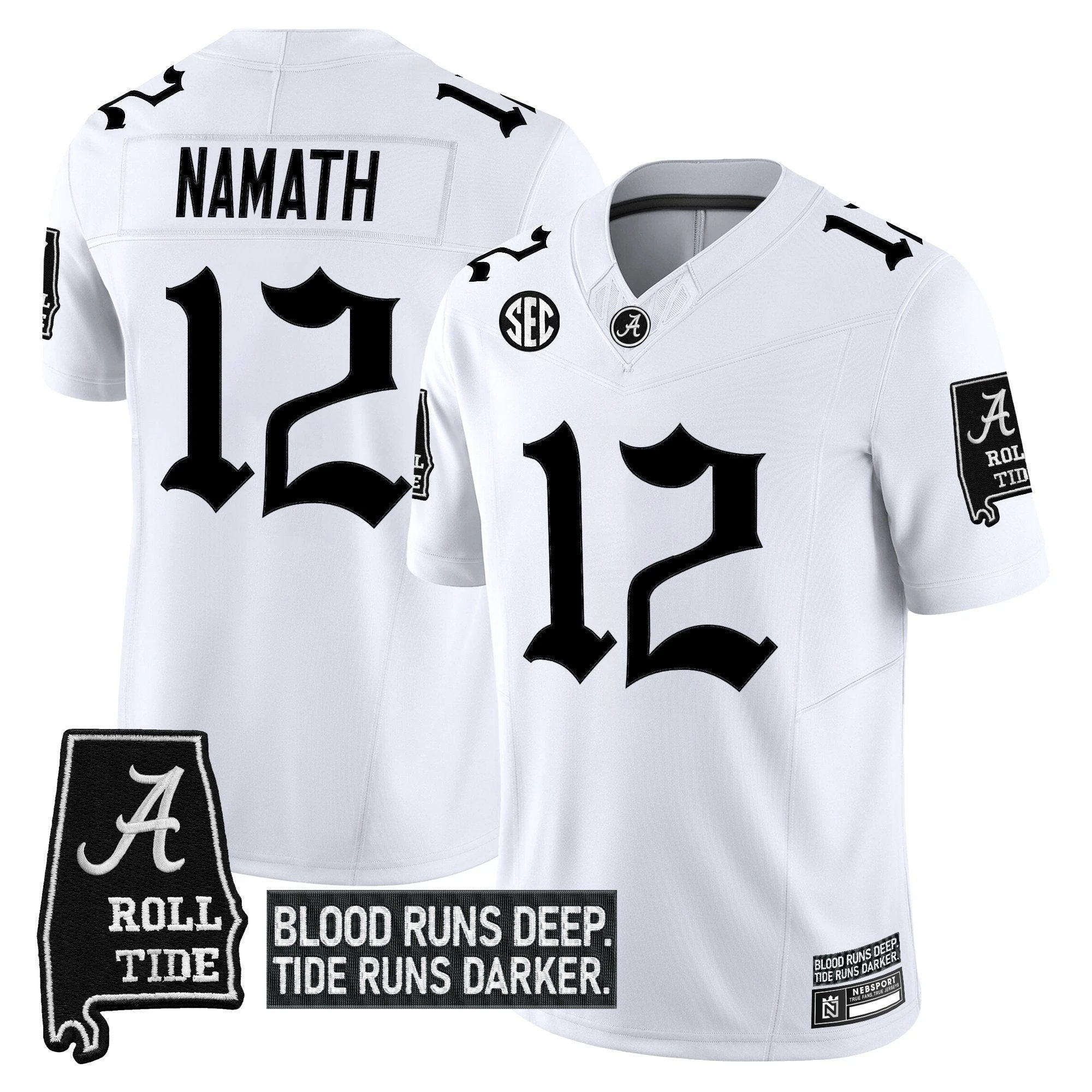Joe Namath Jersey #12 Alabama Crimson Gothic Bama Blood Edition Stitched White by NCAA Football Jersey