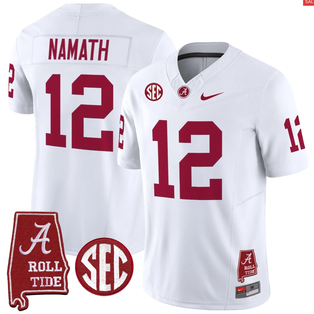 Joe Namath Jersey #12 Alabama Crimson Throwback Alabama Map Stitched White by My Store
